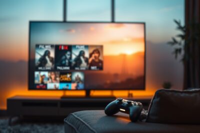 A living-room TV screen at dusk showing a unified interface where a film poster row dissol