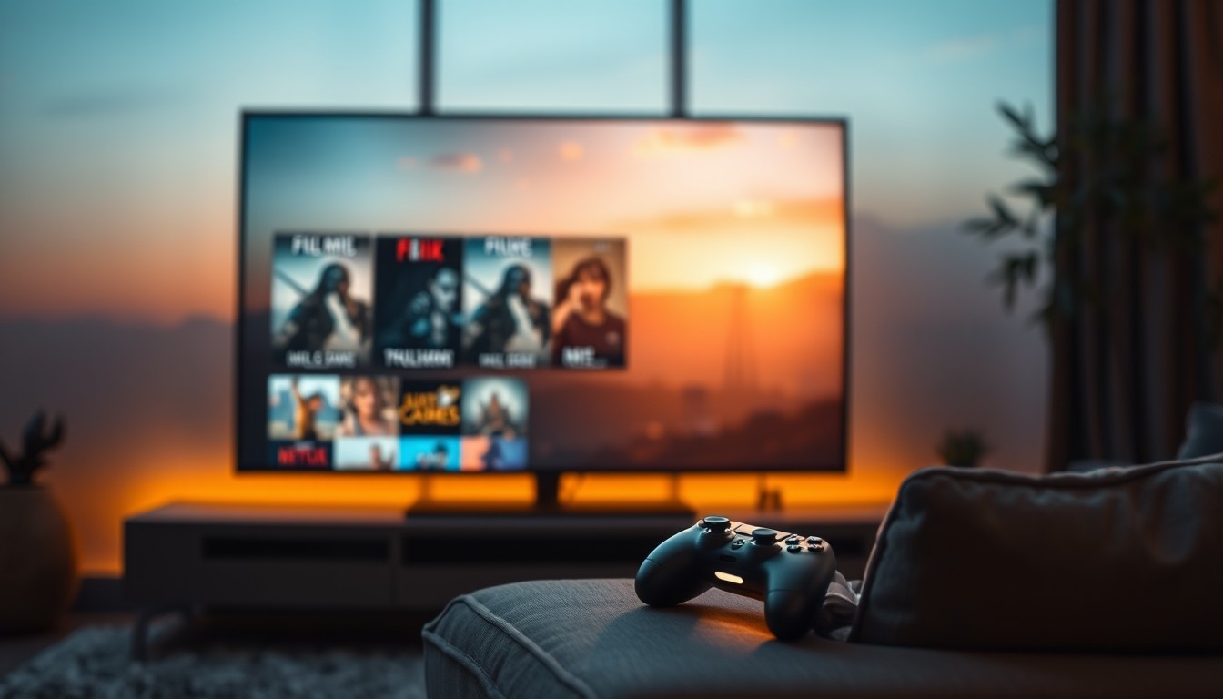 A living-room TV screen at dusk showing a unified interface where a film poster row dissol