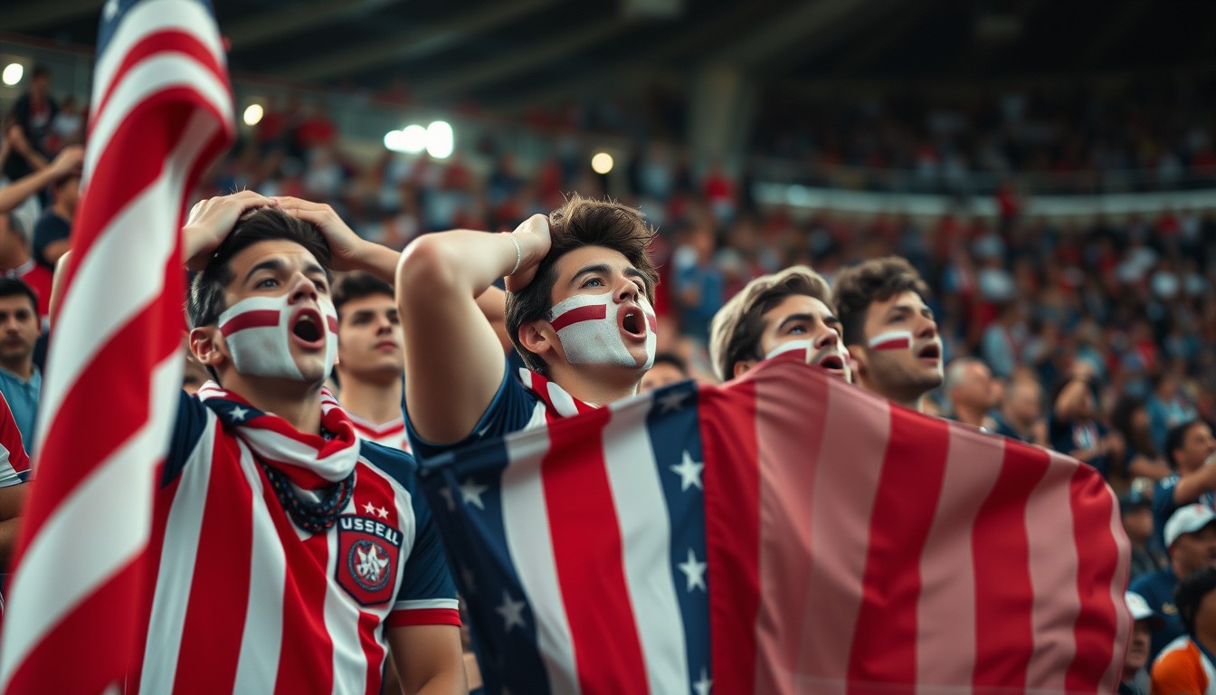 Stunned United States supporters in red, white and blue react in the stands as their World Cup ends