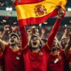 Spain supporters in red celebrate in the stands with a Spanish flag and confetti