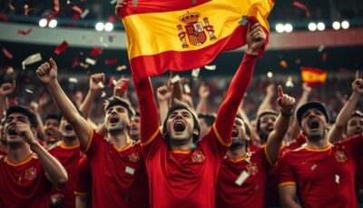 Spain supporters in red celebrate in the stands with a Spanish flag and confetti