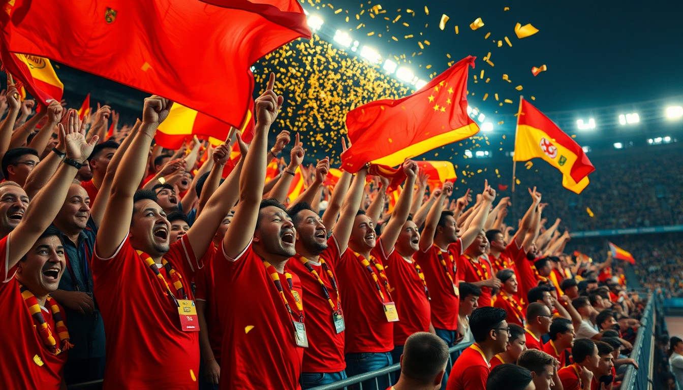 Football supporters in red shirts wave red and yellow flags and celebrate a world title in a floodlit stadium