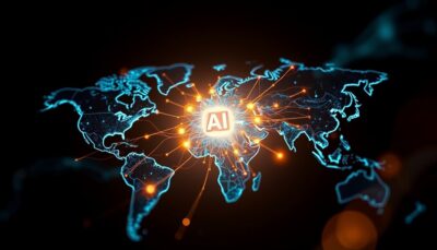 Abstract illustration of an AI model being redeployed worldwide