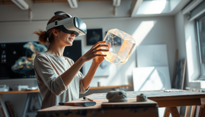 Artist wearing a VR headset shaping a glowing translucent three-dimensional form in mid-air in a sunlit studio, with generative artwork on monitors behind her and brushes and clay maquettes on the workbench