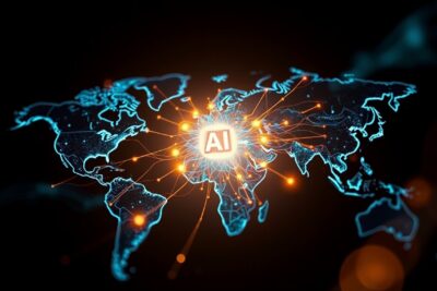 Abstract illustration of an AI model being redeployed worldwide