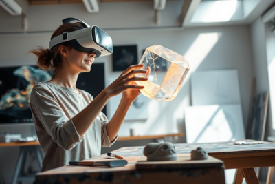 Artist wearing a VR headset shaping a glowing translucent three-dimensional form in mid-air in a sunlit studio, with generative artwork on monitors behind her and brushes and clay maquettes on the workbench