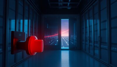 Conceptual editorial illustration: a sealed server-room enclosure of cold blue glass with