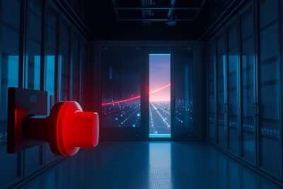 Conceptual editorial illustration: a sealed server-room enclosure of cold blue glass with