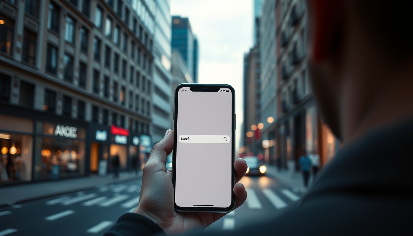 Person checking Google search on a smartphone in a European city street
