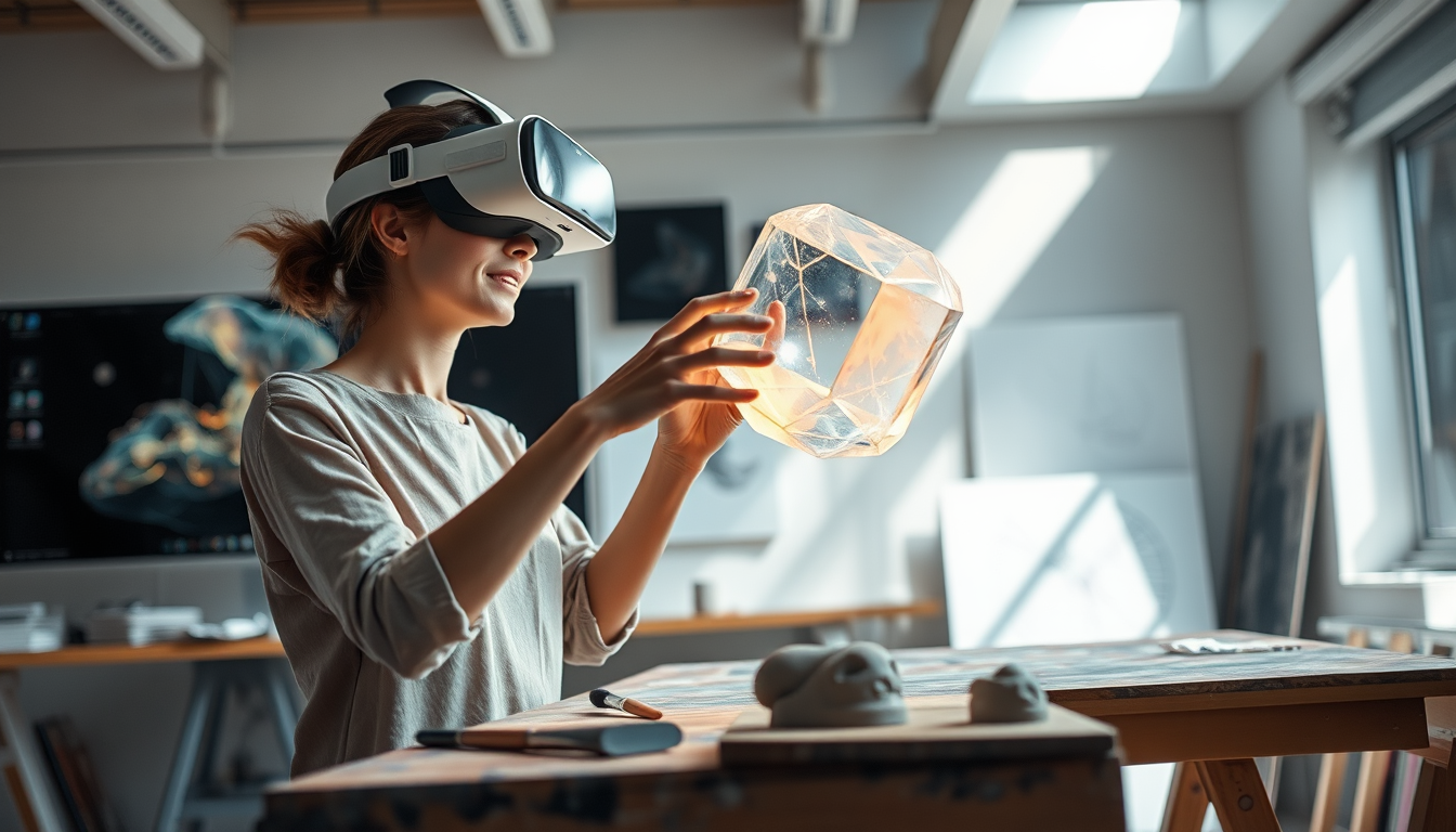 Artist wearing a VR headset shaping a glowing translucent three-dimensional form in mid-air in a sunlit studio, with generative artwork on monitors behind her and brushes and clay maquettes on the workbench