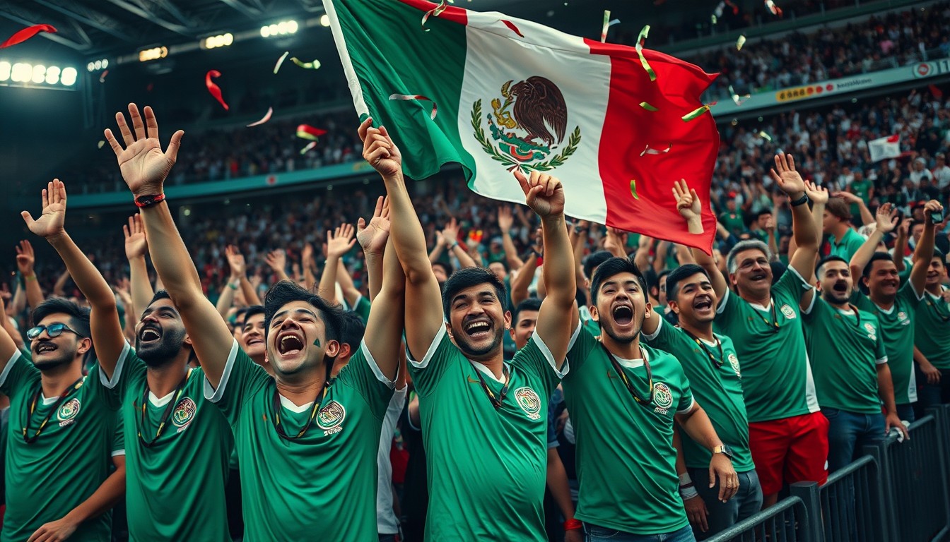 Jubilant Mexican football supporters in green celebrating in a packed stadium, waving a green-white-red tricolour flag under floodlights.