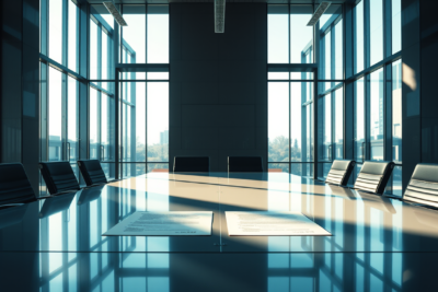 Empty corporate boardroom with morning light raking across a conference table and unsigned contract papers — Getty Images and Shutterstock merger collapse