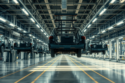 Automobile assembly line inside a North American factory, steel car bodies on overhead conveyor, industrial lighting