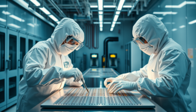 Two technicians in clean-room bunny suits inspect silicon wafers in a semiconductor fabrication facility