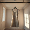 White polka-dot dress on a hanger in an empty ceremonial room — editorial photograph