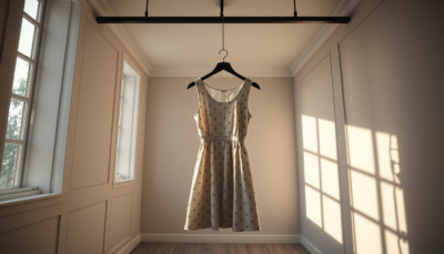 White polka-dot dress on a hanger in an empty ceremonial room — editorial photograph