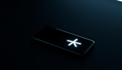 Editorial conceptual image: a sleek smartphone on a dark surface, abstract asterisk glowing on its screen
