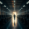 Empty factory floor with a lone worker in a hard hat walking toward a distant exit door — symbolic of the June 2026 US labor force participation collapse, the lowest since March 2021