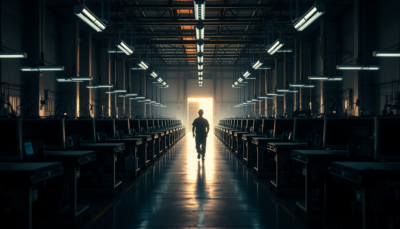 Empty factory floor with a lone worker in a hard hat walking toward a distant exit door — symbolic of the June 2026 US labor force participation collapse, the lowest since March 2021