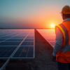 Anonymous solar maintenance worker in high-visibility vest inspecting photovoltaic panels at sunset