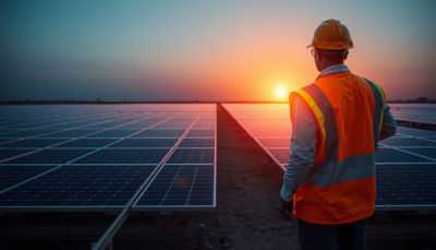 Anonymous solar maintenance worker in high-visibility vest inspecting photovoltaic panels at sunset