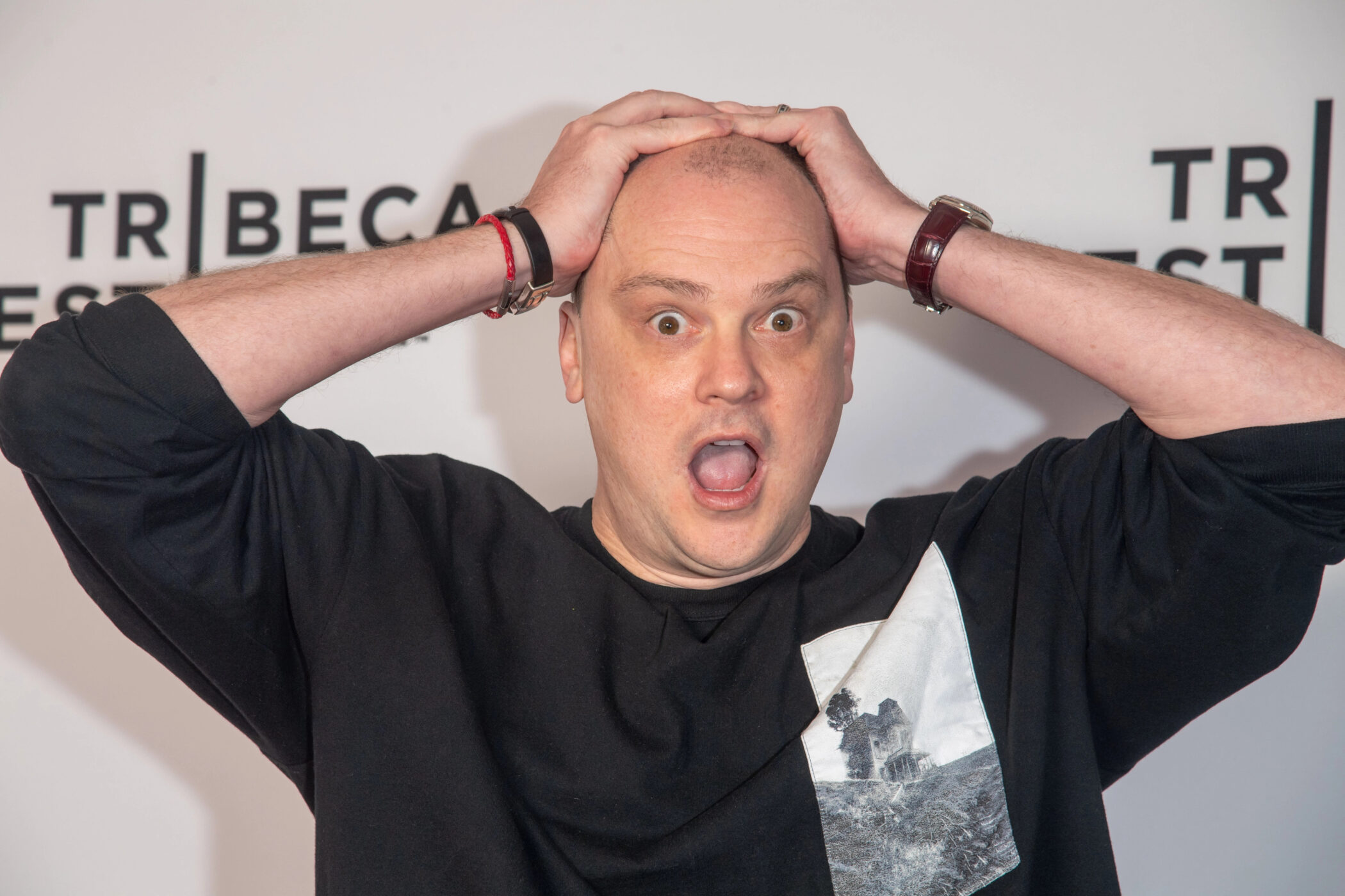 Mike Flanagan with his hands on his head at the Tribeca Festival