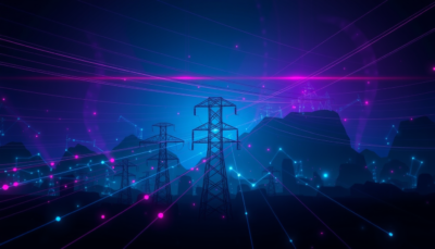 Power grid transmission towers at night — New York data center moratorium