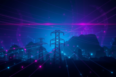 Power grid transmission towers at night — New York data center moratorium