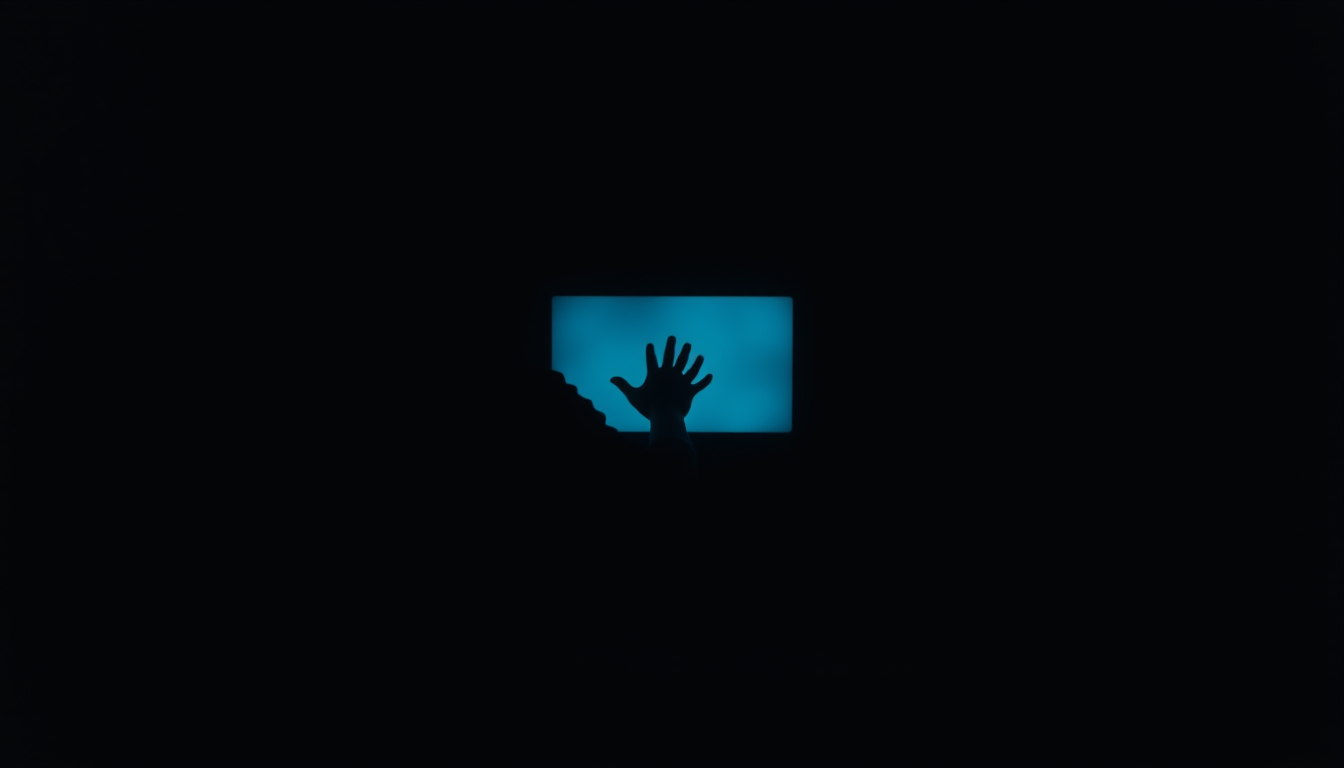 Silhouetted hand reaching toward a glowing blue screen in darkness — parasocial bonds in the digital age