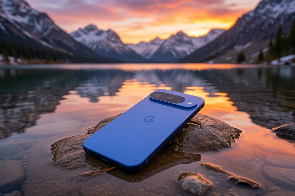 Google Pixel 11 Pro in blue by a mountain lake