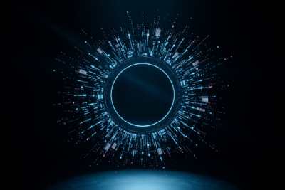 Abstract optical disc geometry dissolving into luminous digital data streams — Sony PlayStation disc production ending