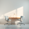 sparse clinical consultation room with two empty chairs facing each other across a pale wood desk, afternoon light from a tall window