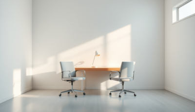 sparse clinical consultation room with two empty chairs facing each other across a pale wood desk, afternoon light from a tall window