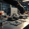 Drone circuit boards and electronic components on a workbench in an industrial assembly facility