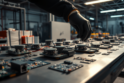Drone circuit boards and electronic components on a workbench in an industrial assembly facility