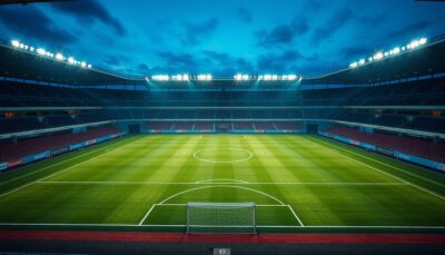A floodlit, empty football pitch at dusk seen from high in the stand, the white line markings forming clean geometry across the green grass.