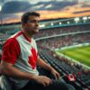 A dejected Canada supporter sits alone in an emptying stadium stand after a World Cup defeat