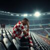 A lone football supporter in a red-and-white checkerboard shirt sits with his head bowed in an emptying stadium stand under floodlights.