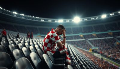 A lone football supporter in a red-and-white checkerboard shirt sits with his head bowed in an emptying stadium stand under floodlights.