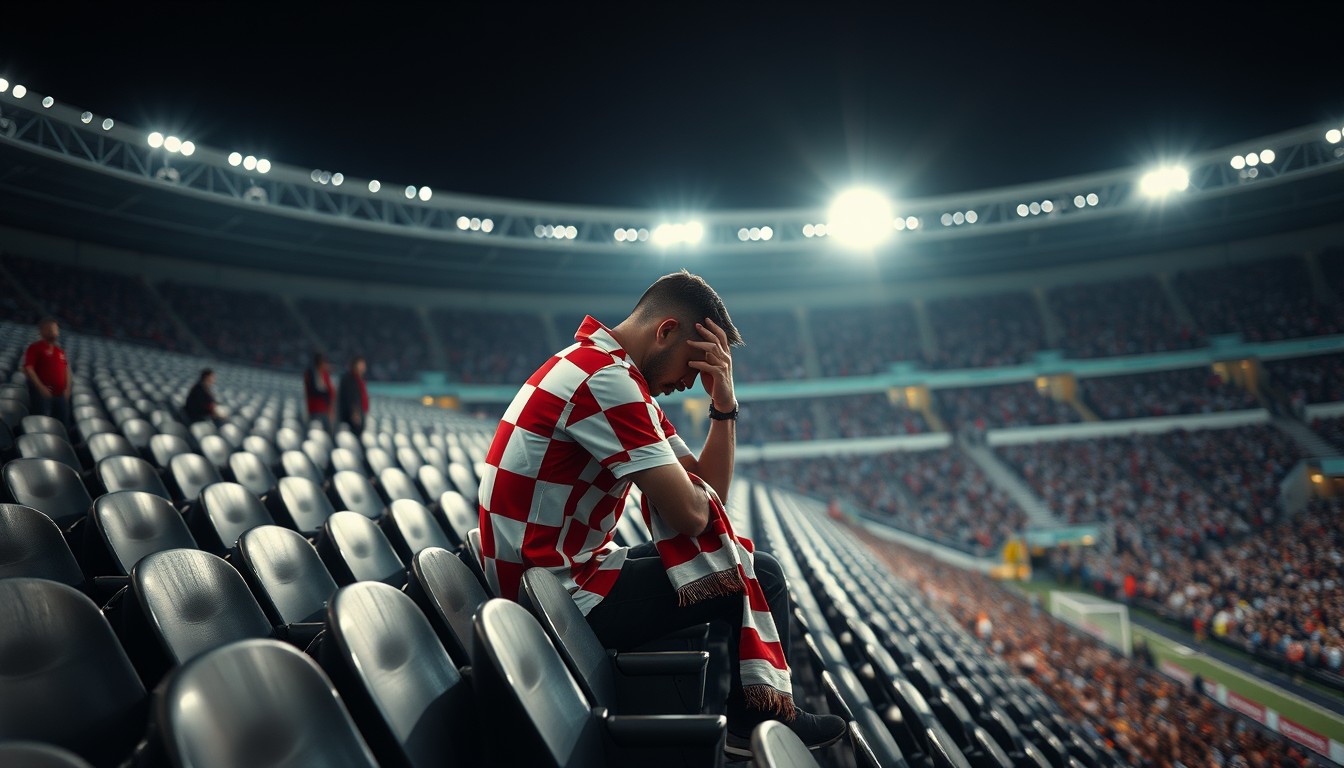 A lone football supporter in a red-and-white checkerboard shirt sits with his head bowed in an emptying stadium stand under floodlights.