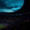 Football stadium terrace at dusk with thousands of mobile phone flashlights held aloft