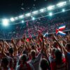 Football supporters in red, white and blue celebrating in a packed stadium at night