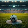 A match ball resting on the centre spot of a floodlit stadium pitch before kickoff