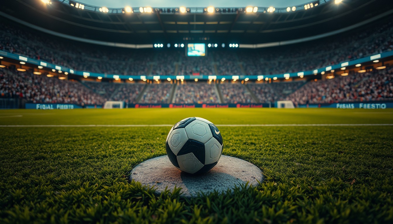 A match ball resting on the centre spot of a floodlit stadium pitch before kickoff