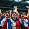 Jubilant France football supporters celebrating in a packed stadium stand, draped in blue, white and red tricolour flags.