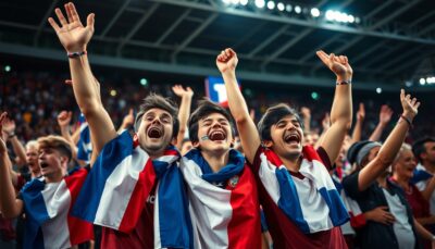 Jubilant France football supporters celebrating in a packed stadium stand, draped in blue, white and red tricolour flags.