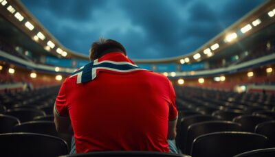 A dejected football supporter in a red shirt with a Norwegian flag draped over the shoulders, sitting head-bowed in an emptying stadium stand at dusk.