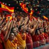 Spain supporters in red and yellow celebrate in a packed stadium stand under floodlights, flags and confetti in the air