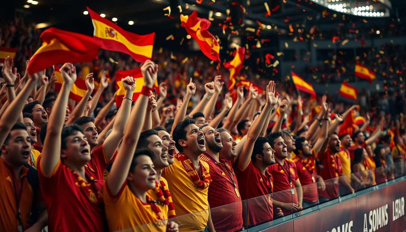 Spain supporters in red and yellow celebrate in a packed stadium stand under floodlights, flags and confetti in the air