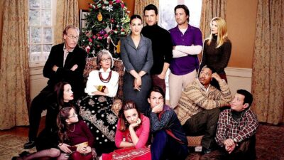 The cast of the 2005 film The Family Stone gathered around the Christmas tree, with Diane Keaton seated at the centre as matriarch Sybil Stone